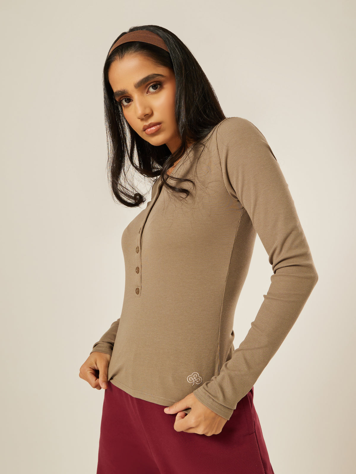 Essential Long-Sleeve Henley Top - Stone | Beathletica Activewear