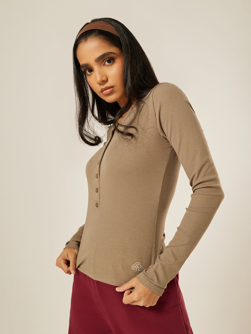 Essential Long-Sleeve Henley Top - Stone