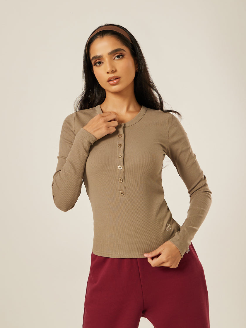 Essential Long-Sleeve Henley Top - Stone