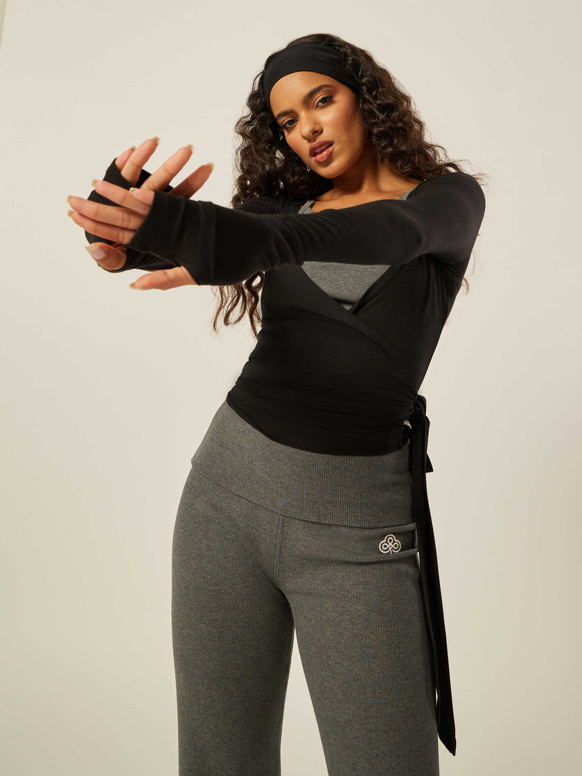 Stretch Ballet Wrap Top - Black