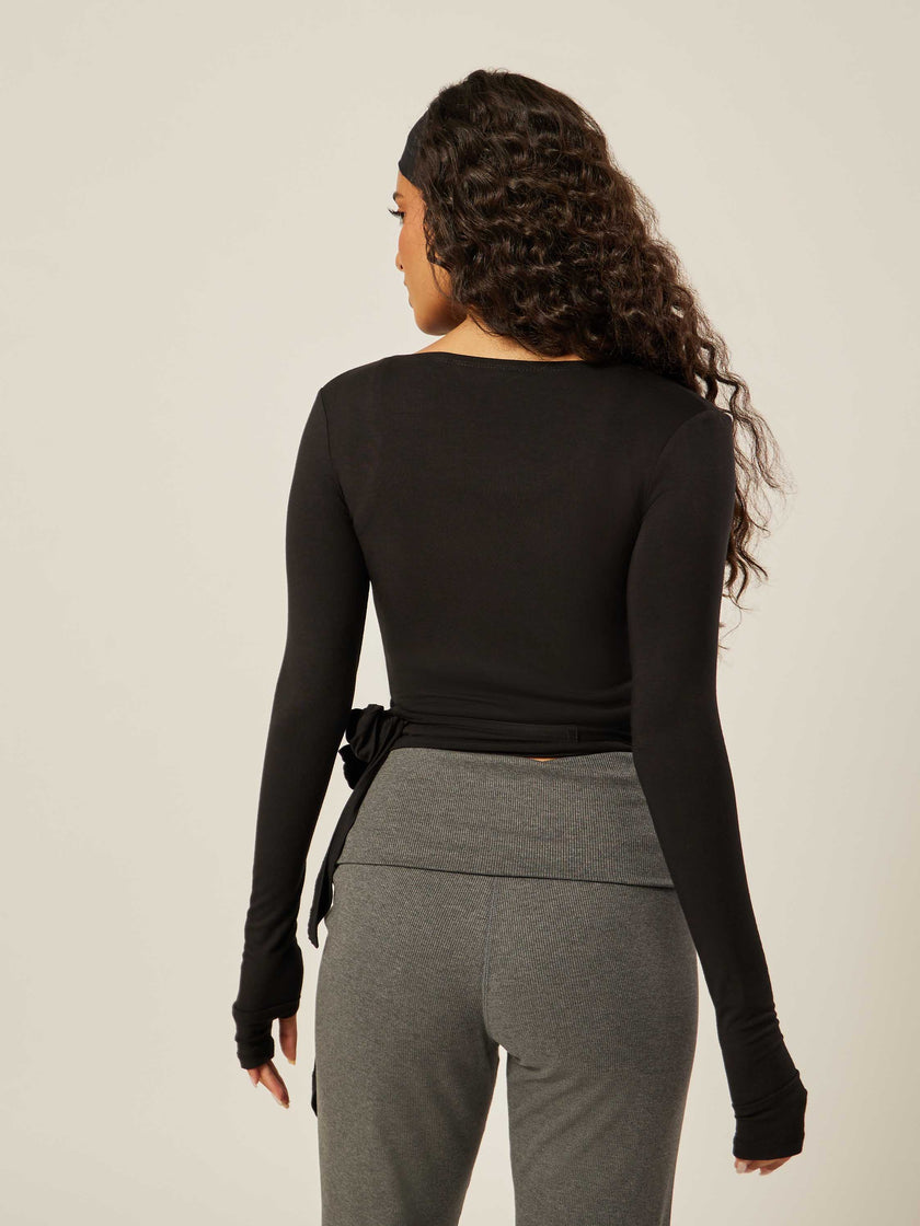 Stretch Ballet Wrap Top - Black