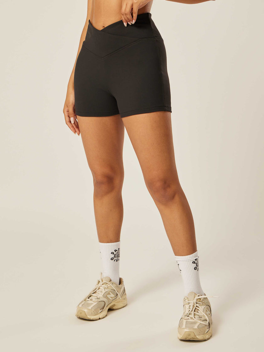Stretch Wrap-Waist Mini Shorts - Black