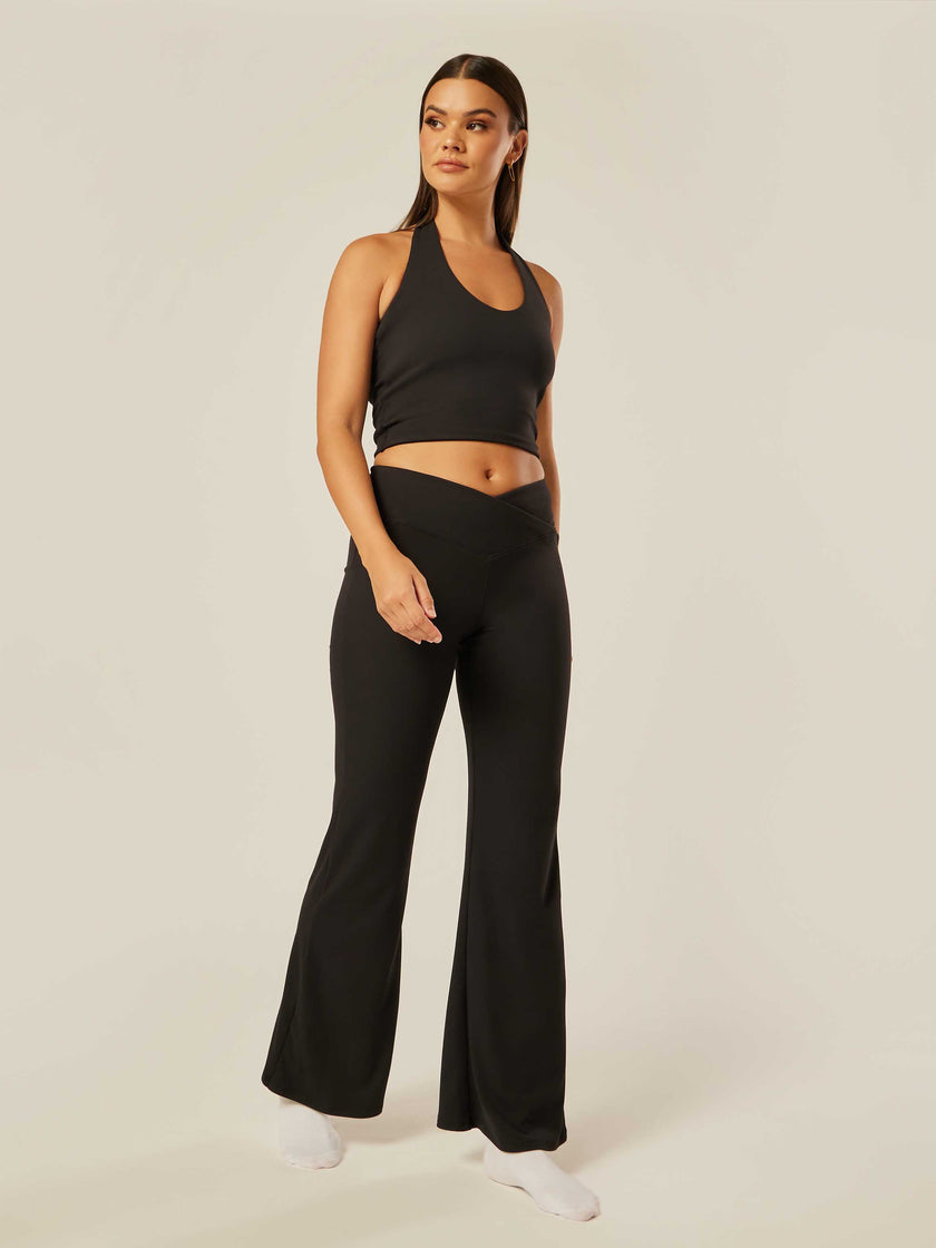 Stretch Wrap-Waist Flared Leggings - Black