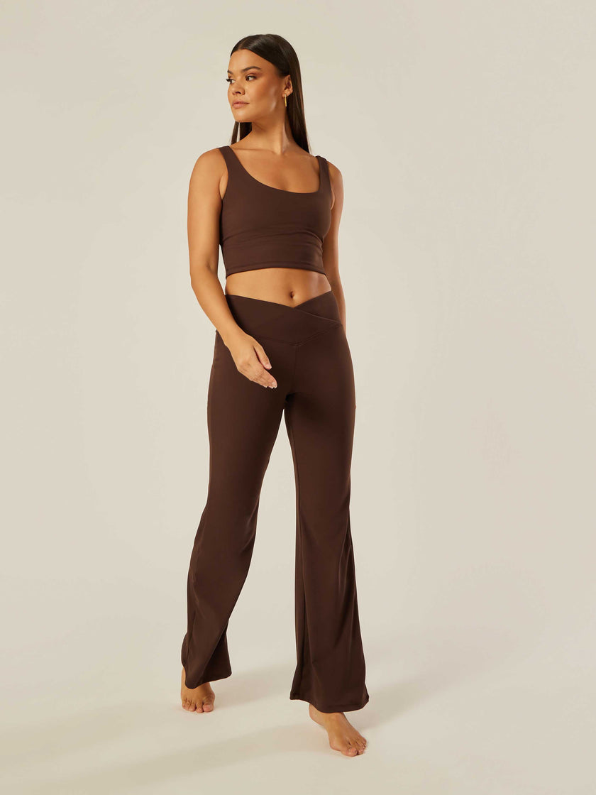 Stretch Wrap-Waist Flared Leggings - Coffee Bean