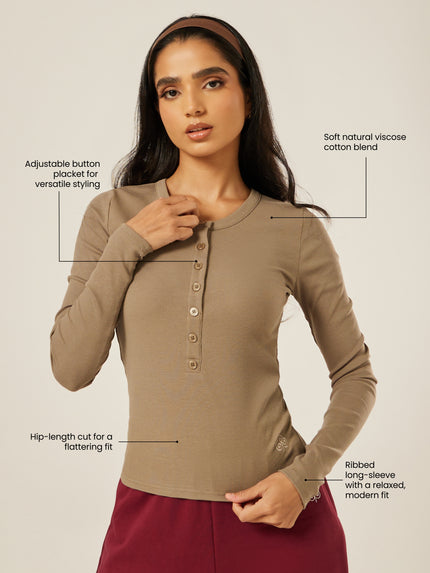 Essential Long-Sleeve Henley Top - Stone